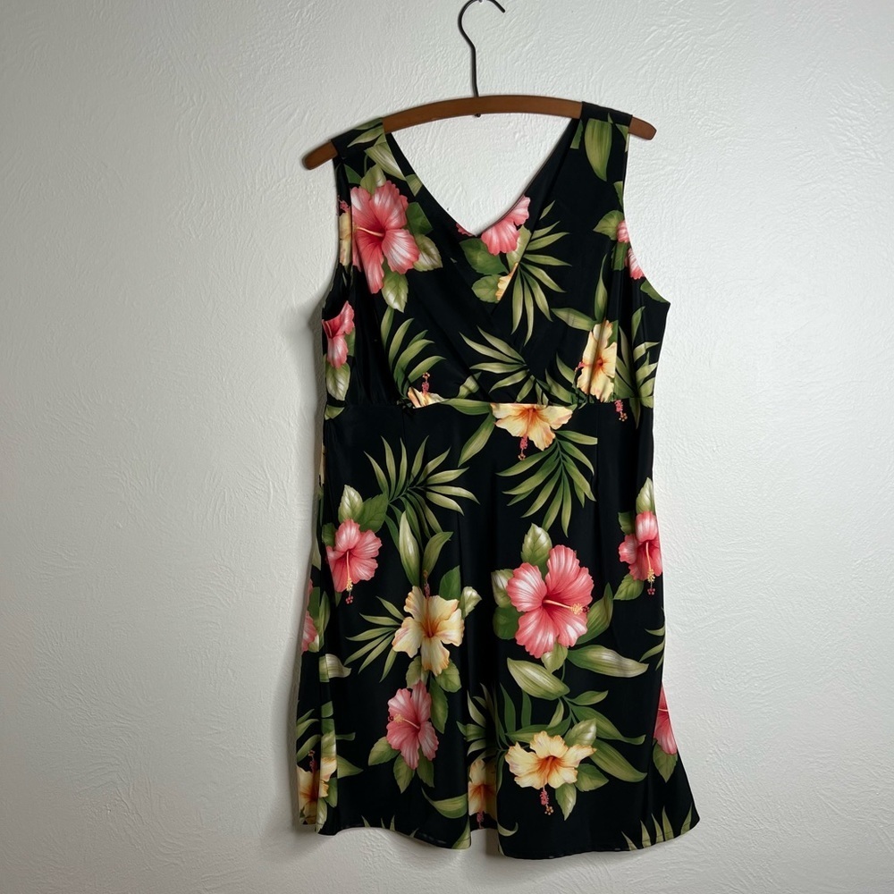 Vintage Jade Fashions Black Yellow Botanical Print Surplice Neckline Dress Sz L